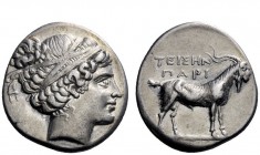Greek Coins 
 Paros 
 Didrachm circa 200, AR 7.76 g. Female head (Artemis) r., hair tied with ribbon. Rev. TEISHN / PARI Goat standing r. SNG Fitzwi...