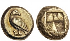 Greek Coins 
 Troas, Abydus (?) 
 Stater circa 500, EL 14.04 g. Eagle standing l., with closed wings, looking backwards. Rev. Quadripartite incuse p...