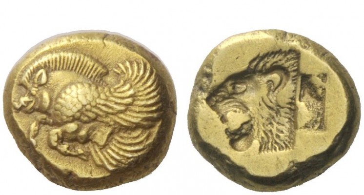 Greek Coins 
 Lesbos, Mytilene 
 Hecte circa 521-478, EL 2.58 g. Forepart of w...