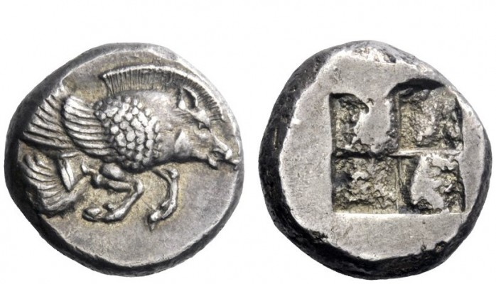 Greek Coins 
 Ionia, Clazomenae 
 Stater circa 500, AR 6.65 g. Forepart of win...