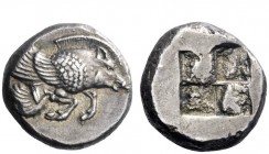 Greek Coins 
 Ionia, Clazomenae 
 Stater circa 500, AR 6.65 g. Forepart of winged boar r. Rev. Quadripartite incuse square with uneven surfaces. Tra...