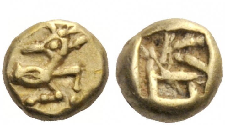 Greek Coins 
 Ephesus 
 1/24th stater circa 575, EL 0.57 g. Forepart of deer r...