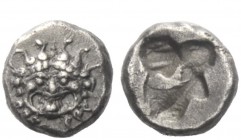 Greek Coins 
 Ephesus 
 Hemiobol circa 550, AR 0.50 g. Gorgoneion’s mask facing, with protruding tongue. Rev. Incuse punch.
 Apparently unpublished...