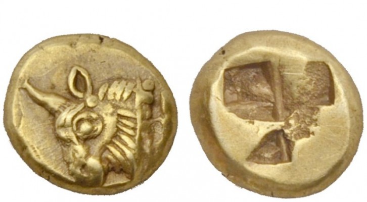 Greek Coins 
 Phocaea 
 Hecte circa 500, EL 2.58 g. Bull’s head l. Rev. Quadri...