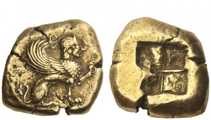 Greek Coins 
 Islands of Ionia, Chios 
 Stater circa 500, EL 14.05 g. Sphinx s...
