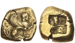 Greek Coins 
 Islands of Ionia, Chios 
 Stater circa 500, EL 14.05 g. Sphinx seated r., wearing round earring and stephane , raising l. foreleg. A s...