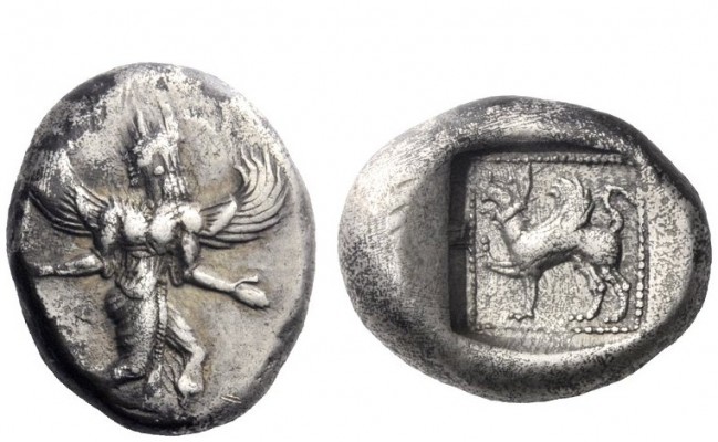 Greek Coins 
 Caria, Caunus 
 Drachm circa 490-470, AR 5.91 g. Winged Iris, wi...