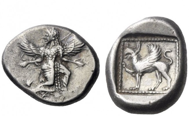 Greek Coins 
 Caria, Caunus 
 Hemidrachm circa 490-470, AR 2.84 g. Winged Iris...