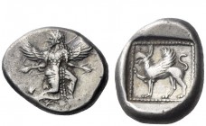 Greek Coins 
 Caria, Caunus 
 Hemidrachm circa 490-470, AR 2.84 g. Winged Iris, with outstretched hand, kneeling-running r., head turned back; two s...