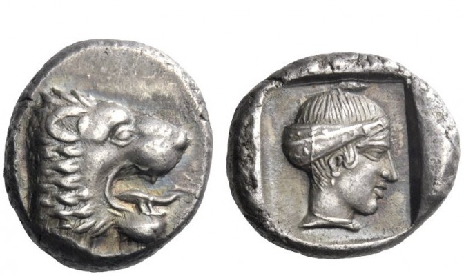 Greek Coins 
 Cnidus 
 Drachm circa 411-394, AR 6.13 g. Forepart of lion r., w...