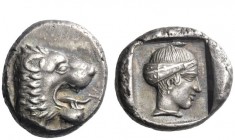 Greek Coins 
 Cnidus 
 Drachm circa 411-394, AR 6.13 g. Forepart of lion r., with open jaws and tongue protruding. Rev. Head of Aphrodite r., hair b...