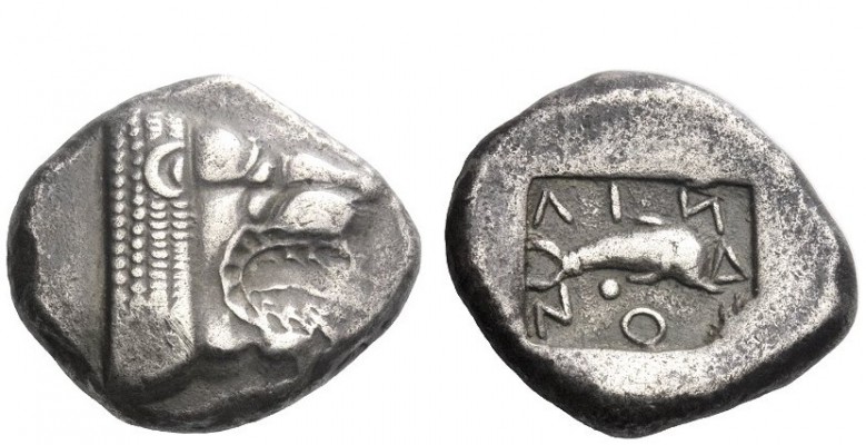 Greek Coins 
 Rhodes, Lindus 
 Stater circa 460, AR 13.28 g. Lion’s head r., w...