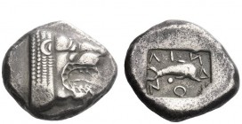 Greek Coins 
 Rhodes, Lindus 
 Stater circa 460, AR 13.28 g. Lion’s head r., with open jaws and tongue protruding. Rev. LI – “IDI – ON Dolphin swimm...
