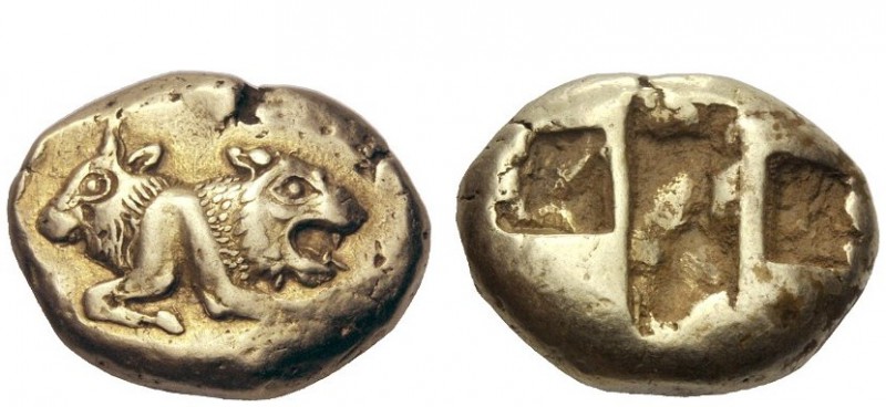 Greek Coins 
 Kings of Lydia, Croesus 
 Stater circa 520, EL 13.98 g. Forepart...