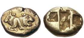Greek Coins 
 Kings of Lydia, Croesus 
 Stater circa 520, EL 13.98 g. Foreparts of bull and lion crouching back to back. Rev. Rectangular incuse pun...