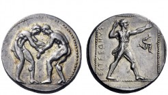 Greek Coins 
 Pamphylia, Aspendus 
 Double siglos circa 360, AR 10.91 g. Two wrestlers grappling. Rev. ESTFEDIIUS Slinger r.; in r. field, triskeles...