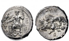 Greek Coins 
 Tarsus 
 Mazaios, 361-334. Stater circa 361-344, AR 10.98 g. b’ltrz in Aramaic characters Baaltars seated l., holding bunch of grapes,...