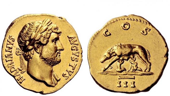 The Roman Empire 
 Hadrian augustus, 117 – 138 
 Aureus 125-128, AV 7.33 g. HA...