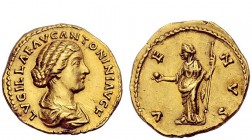 The Roman Empire 
 Lucilla, wife of Lucius Verus 
 Aureus circa 164-169, AV 7.21 g. LVCILLAE AVG ANTONINI AVG F Draped bust r., hair tied up in doub...