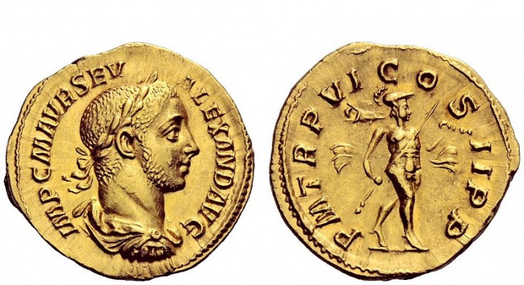 The Roman Empire 
 Severus Alexander, 222 – 235 
 Aureus 227, AV 5.90 g. IMP C...