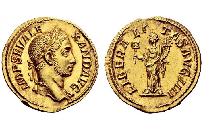 The Roman Empire 
 Severus Alexander, 222 – 235 
 Aureus 228-231, AV 5.89 g. I...