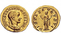 The Roman Empire 
 Gordian III, 238 – 244 
 Aureus Summer 241, AV 4.89 g. IMP GORDIANVS PIVS FEL AVG Laureate, draped and cuirassed bust r. Rev. PIE...