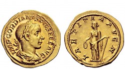 The Roman Empire 
 Gordian III, 238 – 244 
 Aureus 241-243, AV 5.34 g. IMP GORDIANVS PIVS FEL AVG Laureate, draped and cuirassed bust r. Rev. LAETIT...