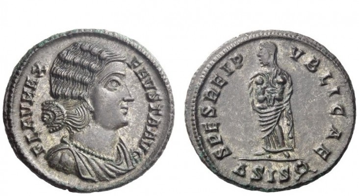 The Roman Empire 
 Fausta, wife of Constantine I 
 Follis Siscia circa 325, bi...