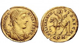 The Roman Empire 
 Theodosius I, 379 – 395 
 Medallion of 1 ½ solidus, Mediolanum (?) after 380, AV 6.57 g. D N THEODO – SIVS P F AVG Pearl-diademed...