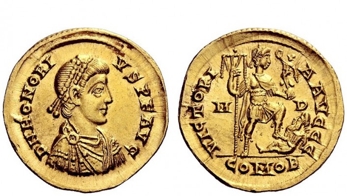 The Roman Empire 
 Honorius, 393 – 423 
 Solidus, Mediolanum 394-395, AV 4.39 ...