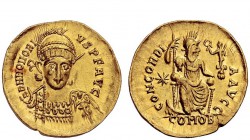 The Roman Empire 
 Honorius, 393 – 423 
 Solidus, Thessalonica 408-420, AV 4.45 g. D N HONORI – VS P F AVG Helmeted, pearl-diademed and cuirassed bu...