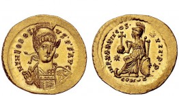 The Roman Empire 
 Theodosius II, 402 – 450 
 Solidus, Constantinopolis 430-440, AV 4.48 g. D N THEDOSI – VS P F AVG Helmeted, pearl-diademed and cu...