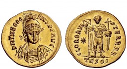 The Roman Empire 
 Theodosius II, 402 – 450 
 Solidus, Constantinople circa 424/5-430, AV 4.45 g. D N THEODO – SIVS P F AVG Helmeted, pearl-diademed...