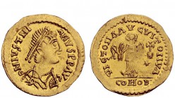 Barbaric Coinage imitating Imperial Issues 
 The Lombards. Time of Albion and Cleph, circa 568 – 574. 
 In the name of Justinian I, 527-565. Tremiss...