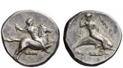 Greek Coins 
 Calabria, Tarentum 
 Nomos signed by SOK circa 340-325, AR 7.95 g. Horseman galloping r. holding whip; below, tablet. Rev. Dolphin rid...