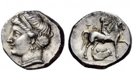 Greek Coins 
 Calabria, Tarentum 
 Nomos after 276, AR 7.35 g. Diademed female head l. Rev. Horseman r., crowning his horse; below, dolphin. Vlasto ...