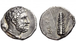 Greek Coins 
 Lucania, Metapontum 
 Nomos circa 290-280, AR 7.97 g. Bearded head of Heracles Soter r., hair bound with ribbon; lion’s skin tied arou...
