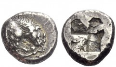 Greek Coins 
 Velia 
 Drachm circa 535-465, AR 3.87 g. Forepart of lion r., tearing stag's leg. Rev. Quadripartite incuse square. Babelon, RN 1912, ...