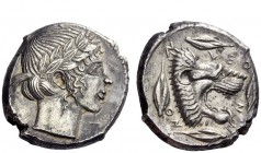 Greek Coins 
 Leontini 
 Tetradrachm circa 460-450, AR 17.19 g. Laureate head of Apollo r., hair rolled behind neck. Rev. Lion head r., with jaws op...