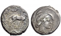 Greek Coins 
 Syracuse 
 Tetradrachm circa 460-440, AR 17.24 g. Slow quadriga driven r. by charioteer, holding reins and kentron ; above, Nike flyin...