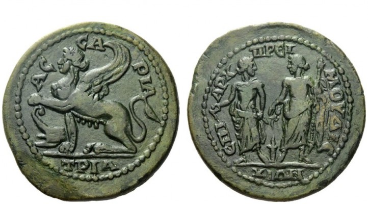 Greek Coins 
 Chios 
 Bronze circa 27 BC-150 AD, Æ 19.66 g. Sphynx seated l., ...