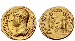 The Roman Empire 
 Hadrian, 117 – 138 
 Aureus 134-138, AV 6.96 g. Bareheaded and draped bust l. Rev. Hadrian standing r. holding roll; before him, ...