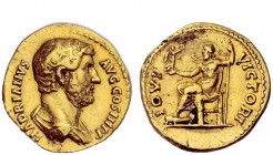 The Roman Empire 
 Hadrian, 117 – 138 
 Aureus 134-138, AV 7.16 g. Bareheaded and draped bust r. Rev. Jupiter seated l. holding Victory and sceptre....