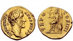 The Roman Empire 
 Antoninus Pius, 138 – 161 
 Aureus 145-161, AV 7.25 g. Laureate bust r. with drapery on l. shoulder. Rev. Roma seated l. holding ...