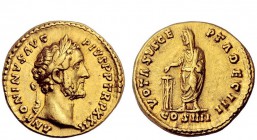 The Roman Empire 
 Antoninus Pius, 138 – 161 
 Aureus 145-161, AV 6.73 g. Laureate bust r. Rev. Veiled Antoninius standing l. sacrificing over tripo...