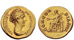 The Roman Empire 
 Faustina I, wife of Antoninus Pius 
 Aureus 138-139, AV 7.14 g. Draped bust r., hair coiled on top of head. Rev. Concordia seated...