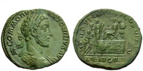 The Roman Empire 
 Commodus, 177 – 192 
 Sestertius 181, Æ 24.27 g. Laureate and cuirassed bust r. with drapery on l. shoulder. Rev. Commodus seated...