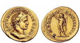 The Roman Empire 
 Caracalla, 198 – 217 
 Aureus 217, AV 6.32 g. Laureate and cuirassed bust r. Rev. Sol standing l. raising hand and holding whip. ...
