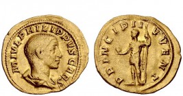 The Roman Empire 
 Philip II caesar, 244 – 247 
 Aureus circa 245-246, AV 4.66 g. Bareheaded and draped bust r. Rev. The Princeps standing l. holdin...