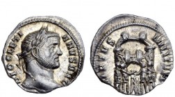 The Roman Empire 
 Diocletian, 284 – 305 
 Argenteus, Ticinum circa 294, AR 3.21 g. Laureate head r. Rev. Six-turreted camp gate with the four tetra...